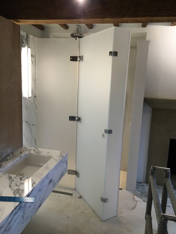 Bespoke frosted glass shower enclosure in Streatham luxury bathroom